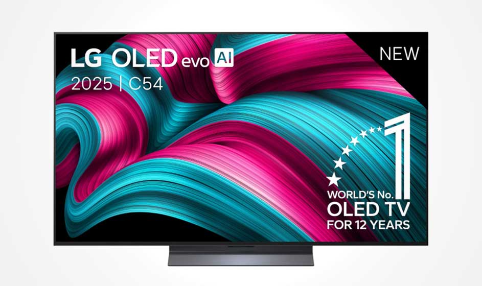 Een LG OLED evo-tv toont kleurrijke abstracte golven in roze en turquoise, met promotietekst op een witte achtergrond.