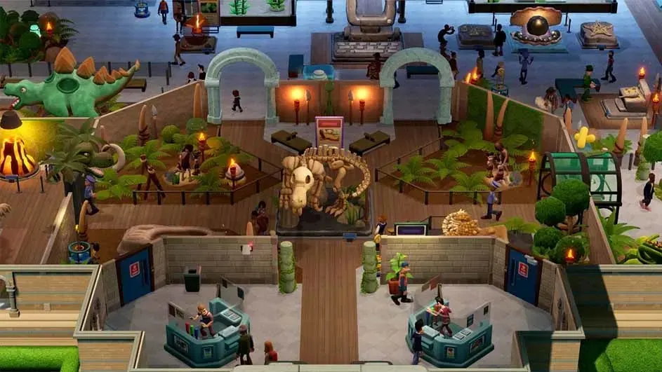 Vue aérienne d'un musée avec squelette de dinosaure, statues vertes et arches. Diverses expositions et plantes sont visibles.