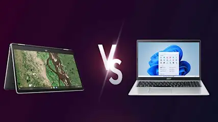 Twee laptops staan tegenover elkaar op een paarse achtergrond, met een "Vs"-symbool in het midden.