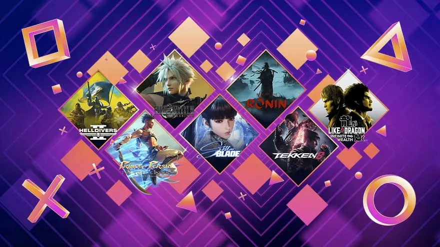 Affiche de jeux vidéo sur fond violet avec formes géométriques dorées. On voit les jeux Helldivers, Final Fantasy VII et Tekken.