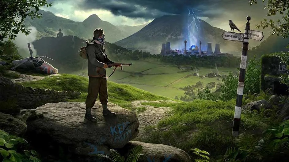 Un homme armé se tient sur un rocher. Un hélicoptère et des bâtiments sont visibles dans un paysage montagneux sous un ciel orageux.