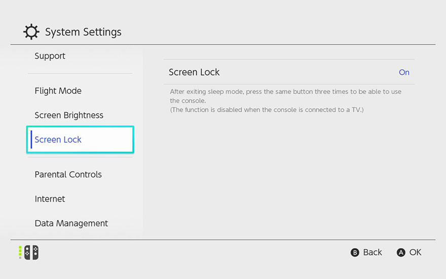 Een Nintendo Switch-instellingenscherm toont de optie 'Schermvergrendeling' gemarkeerd in blauw. De status is 'Aan'.
