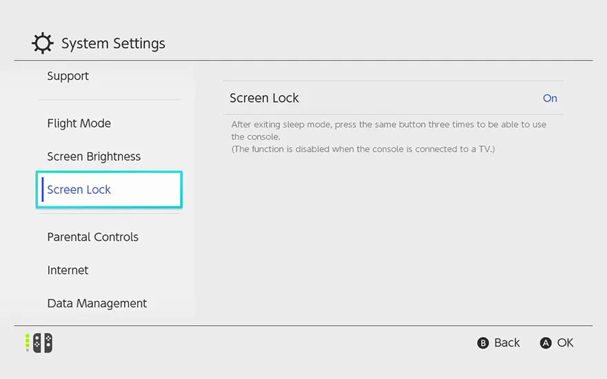 Een Nintendo Switch-instellingenscherm toont de optie 'Schermvergrendeling' gemarkeerd in blauw. De status is 'Aan'.