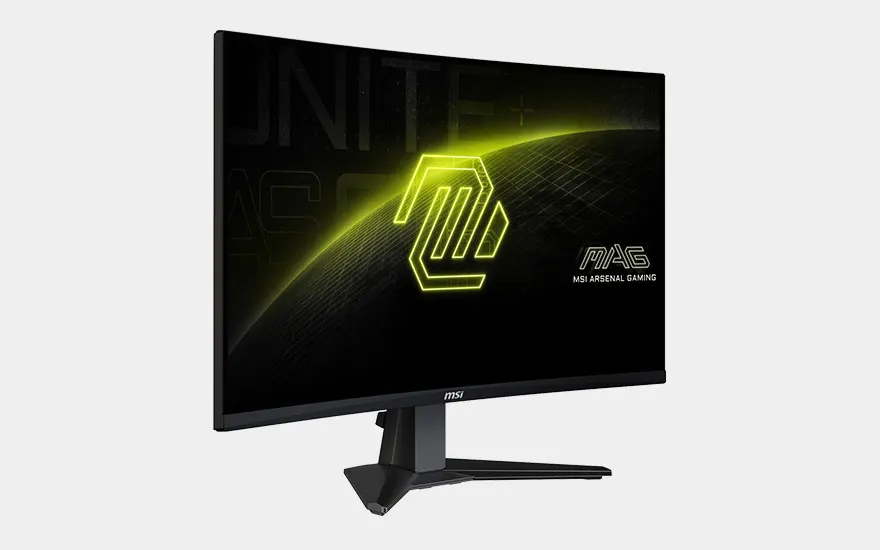 Een MSI gaming monitor met groot geel verlicht hexagon logo en "MAG MSI ARSENAL GAMING" tekst op zwarte achtergrond, zwarte standaard.