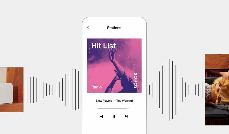 Een smartphone-interface toont een "Hit List"-radiostation met audio-visualisatie op een witte achtergrond.