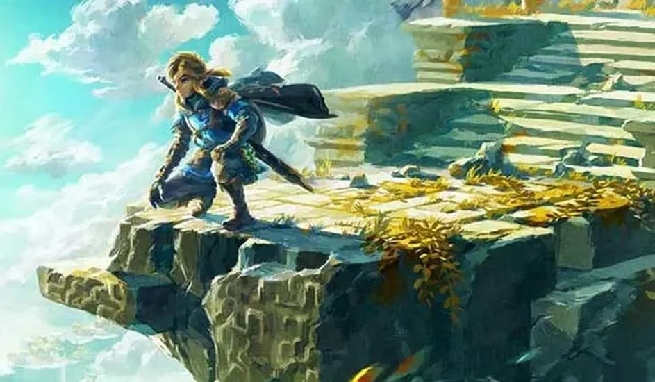 Een illustratie toont een rotsachtige klif met vegetatie, een blauwe lucht en een blauw geklede figuur.