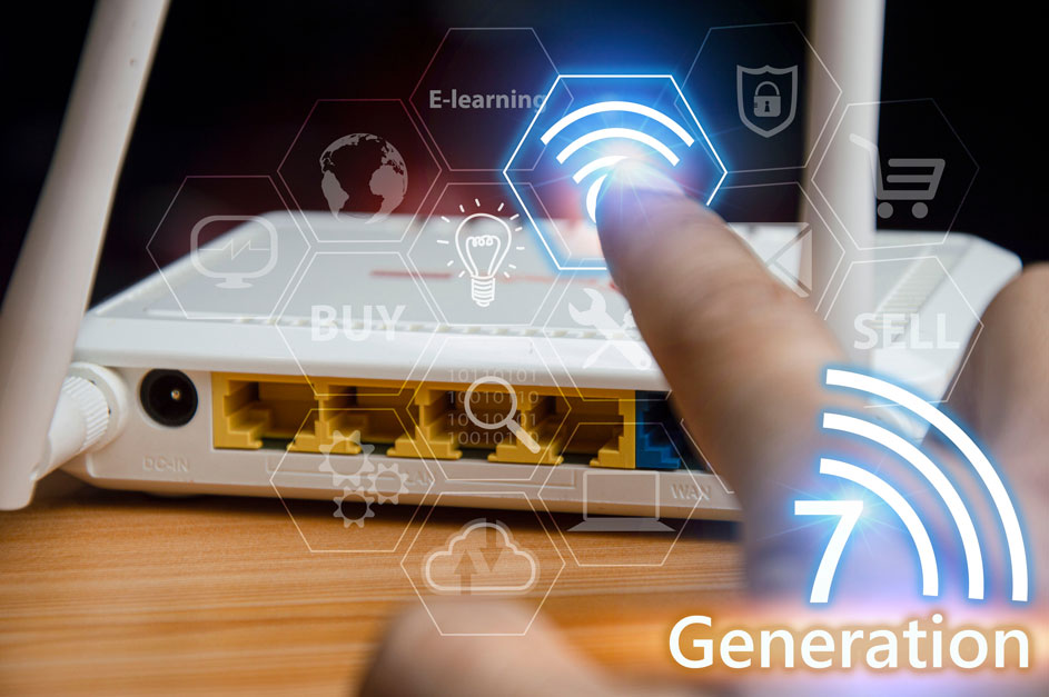 Routeur blanc avec ports Ethernet jaunes sur bois. Icônes numériques : E-learning, globe, ampoule, nuage. "7 Generation" en bas.