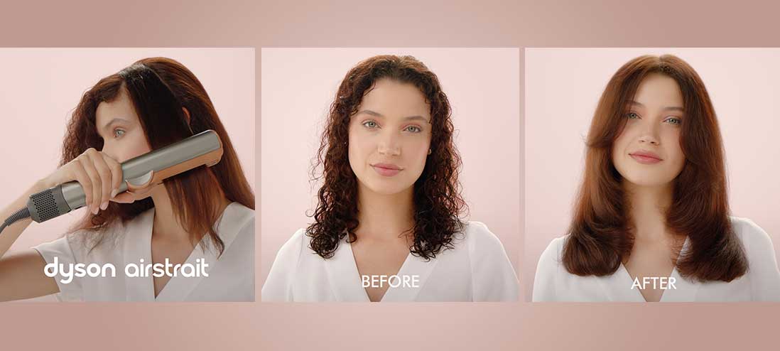 Drie panelen tonen haar voor, tijdens en na het stijlen. Een grijze Dyson stijltang is in gebruik.