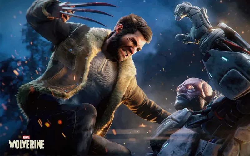 Scène dynamique: Wolverine bondit, griffes sorties, veste à col de fourrure, visage grimaçant; il attaque un ennemi blindé et des étincelles fusent.