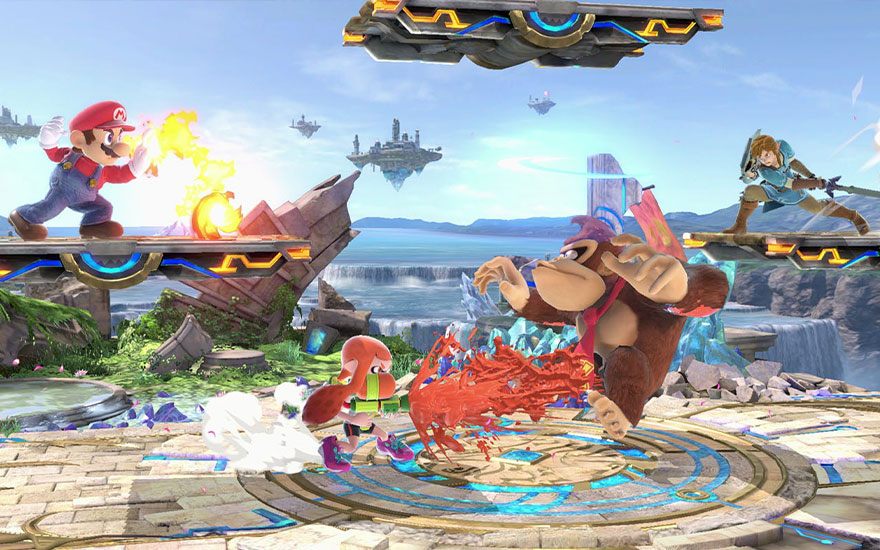 Super Smash Bros battle featuring Mario, Link, Donkey Kong and other Nintendo characters on a stone arena with floating platforms.