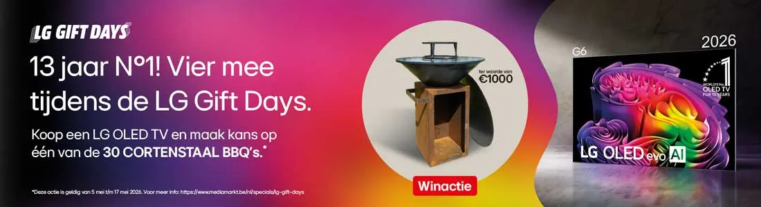 Een kleurrijke LG-reclame toont Gift Days, een OLED-tv, een barbecueprijs en een actie voor een wedstrijd in 2026.