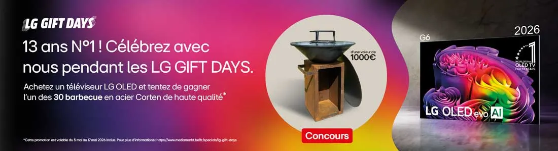 Une publicité colorée de LG montre les Gift Days, une TV OLED, un barbecue à gagner et une promo concours pour 2026.