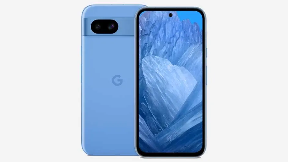 Two light blue Google Pixel phones are displayed on a white background. One phone shows the back with a "G" logo. The other displays a blue, crystalline pattern on the screen.