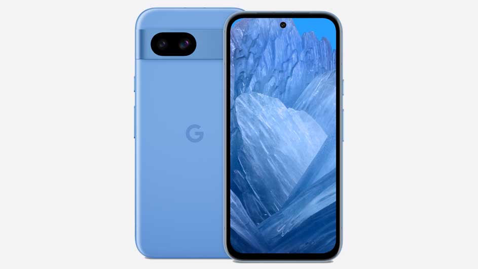Deux smartphones bleu clair sur fond blanc. Celui de gauche montre un logo "G" et un appareil photo double.