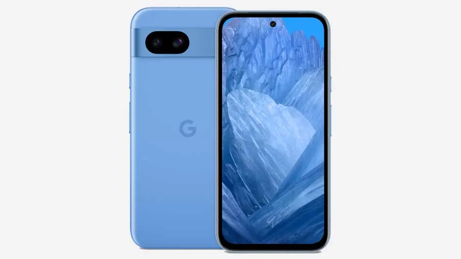Deux smartphones bleu clair sur fond blanc. Celui de gauche montre un logo "G" et un appareil photo double.