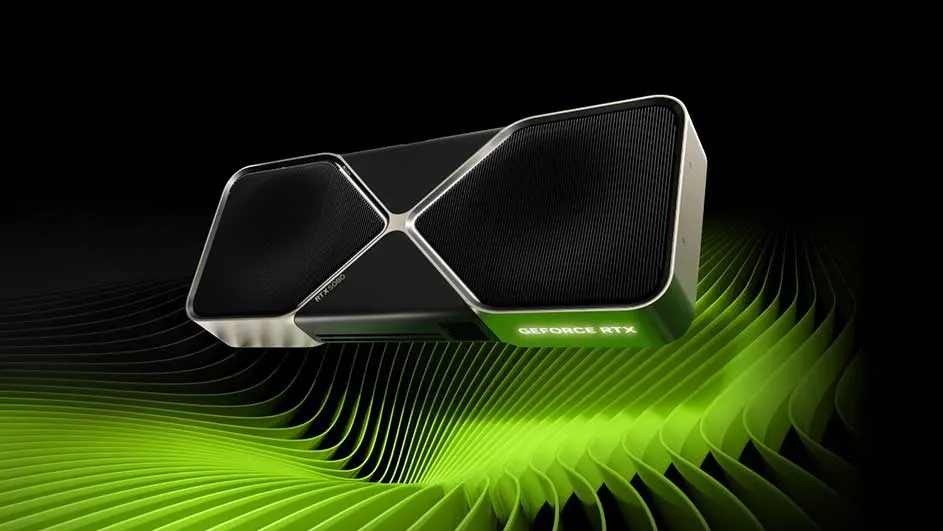 Carte graphique noire et argentée sur un fond vert et noir. Le texte "GEFORCE RTX" est visible.