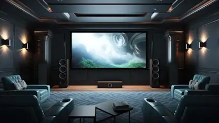 Salle de cinéma maison avec grand écran, enceintes, fauteuils inclinables bleus et tapis à motifs. Deux tables basses au centre.