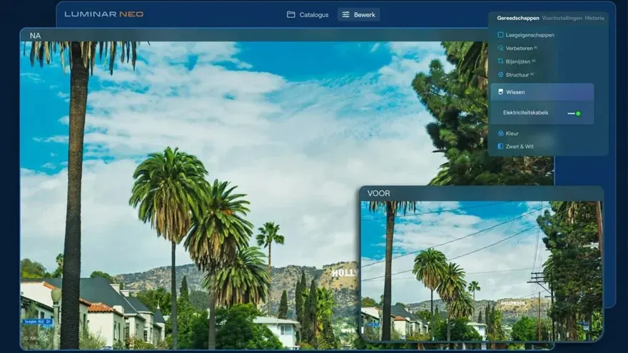 Een scherm met Luminar Neo software toont een foto van palmbomen en de Hollywood heuvel in Californië, USA. Bewerkingstools zijn zichtbaar.