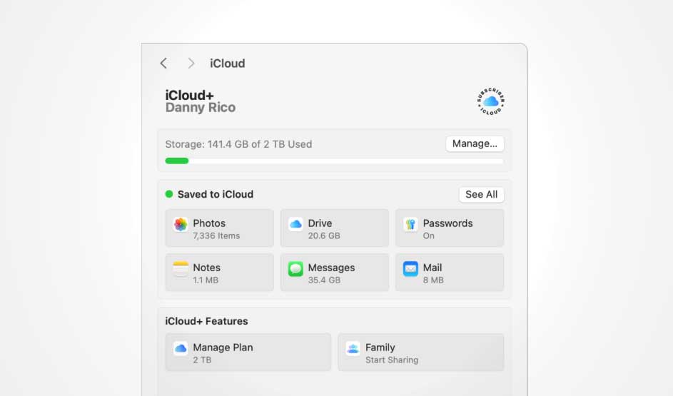 Apple iCloud+-scherm toont opslaggebruik, foto’s, Drive, notities, berichten, mail en familie-opties; Apple-logo en ontwerp herkenbaar.