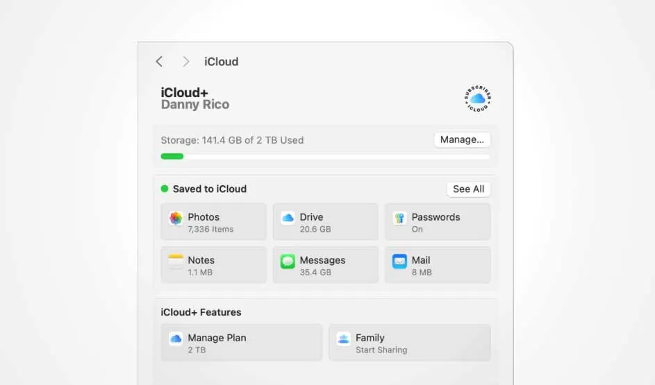 Apple iCloud+ screen shows storage usage, photos, Drive, notes, messages, mail and family options; Apple logo and design recognisable