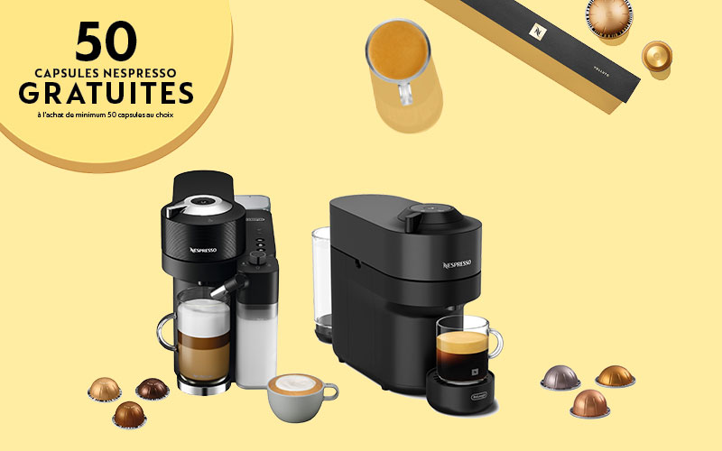 Visuel promotionnel sur fond jaune clair présentant deux machines à café Nespresso noires, des boissons au café et des capsules. Le texte indique : « 50 capsules Nespresso offertes à l’achat d’au moins 50 capsules au choix. »
