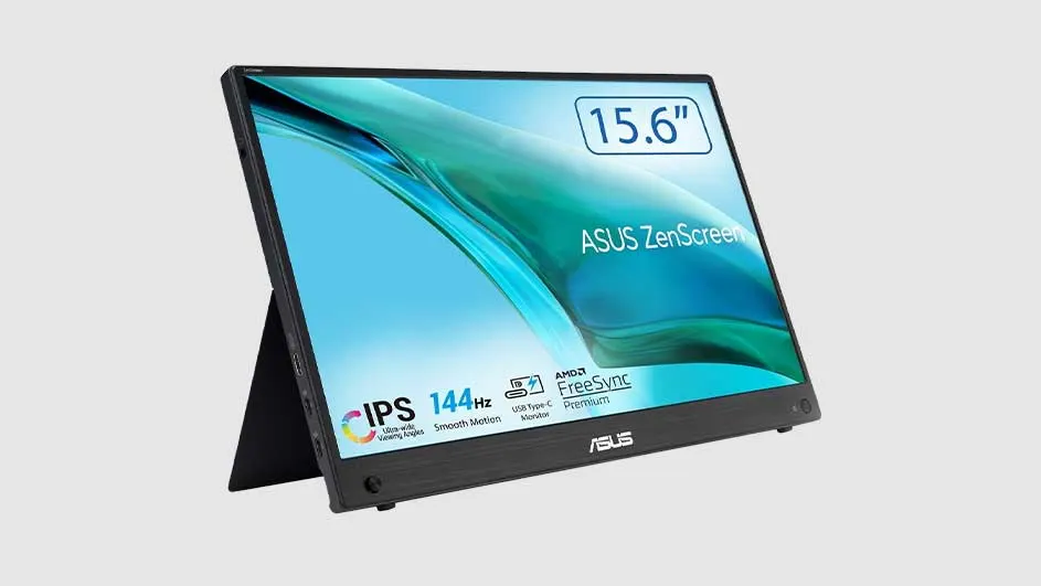 Écran ASUS ZenScreen de 15,6 pouces sur un support, affichant un motif ondulé bleu et vert. IPS 144Hz, AMD FreeSync, port USB-C.