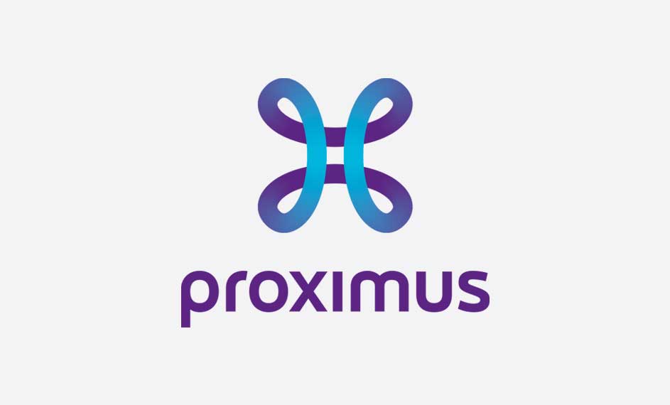 Logo de Proximus sur fond blanc. Il comprend un symbole bleu et violet et le mot « proximus » en lettres violettes.