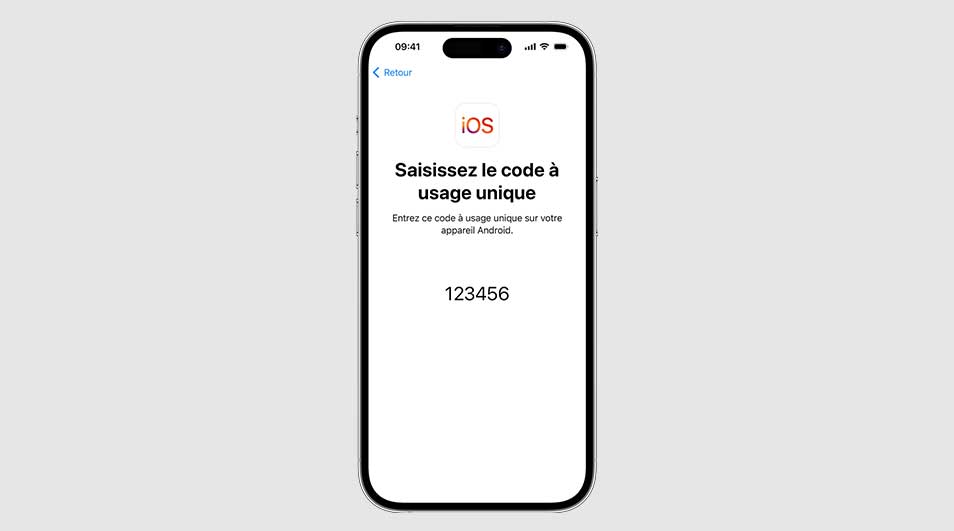 Un iPhone affiche un écran blanc avec le texte "Saisissez le code à usage unique" et le code "123456". Le fond est gris clair.