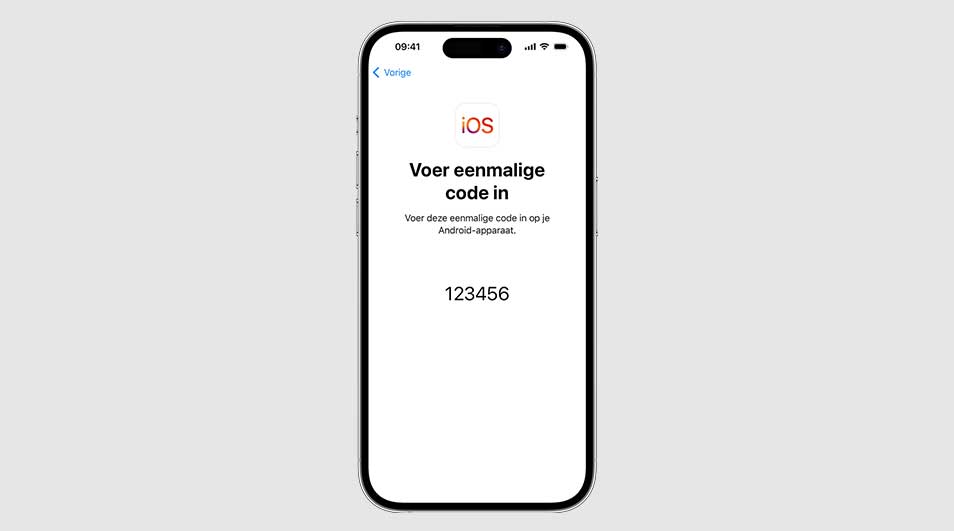 Een witte iPhone toont een iOS-scherm met de tekst "Voer eenmalige code in" en de code "123456" tegen een grijze achtergrond.