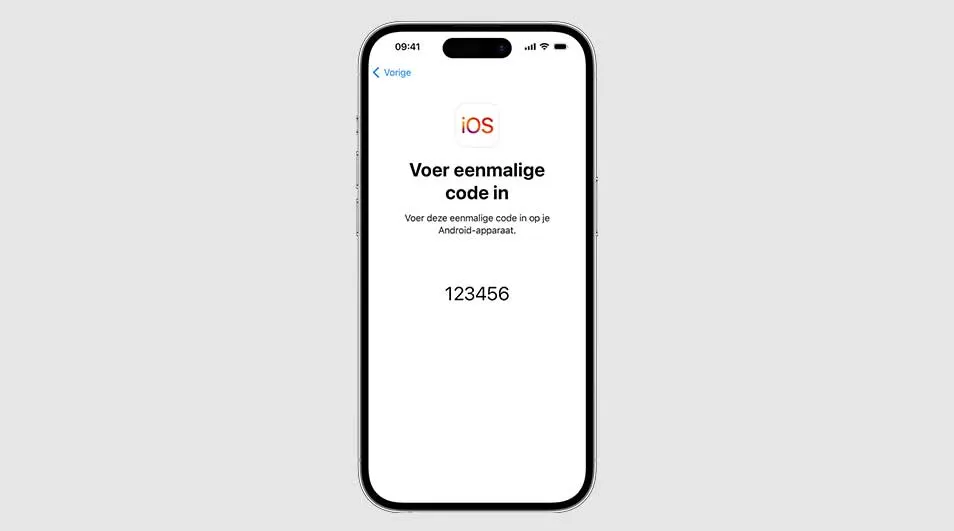 Een witte iPhone toont een iOS-scherm met de tekst "Voer eenmalige code in" en de code "123456" tegen een grijze achtergrond.
