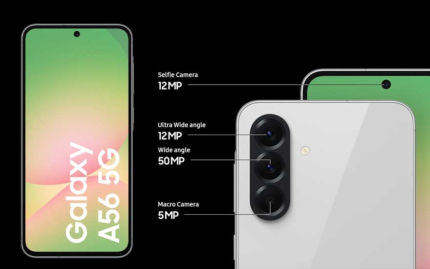Samsung Galaxy A56 5G, met het scherm én een achteraanzicht waarop alle vier de camera’s en hun megapixels zijn gelabeld. 