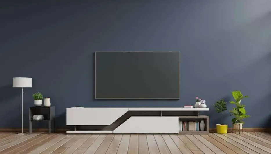 Salon avec TV sur mur bleu, meuble TV blanc, plancher en bois clair, lampe, plantes.