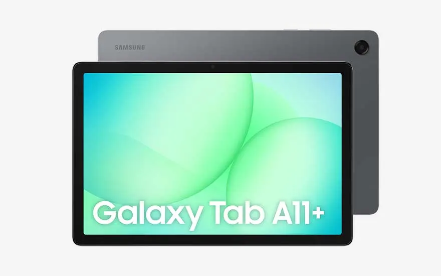 Samsung Galaxy Tab A11+ gris foncé, avant chevauchant l’arrière, avec écran vert bleu et grand texte Galaxy Tab A11+.