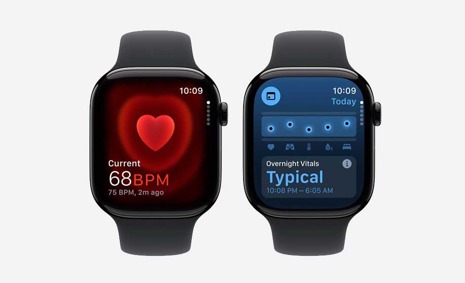 Deux montres intelligentes noires affichent des données : fréquence cardiaque (68 BPM) et surveillance du sommeil. Fond blanc.