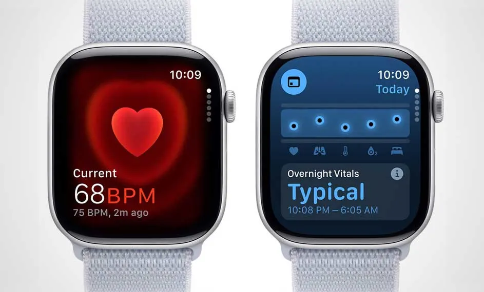 Deux montres intelligentes argentées avec des écrans affichant des données de santé sur fond blanc. L'une affiche la fréquence cardiaque et l'autre les signes vitaux nocturnes.