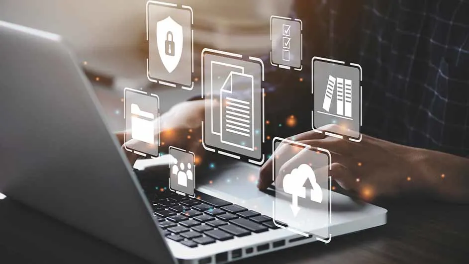Un ordinateur portable est utilisé, avec des icônes numériques : nuage, livre, document, cadenas et utilisateurs.