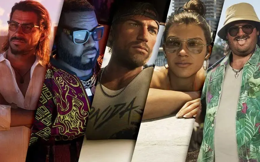 Vijf stijlvolle figuren poseren zelfverzekerd, gekleed in zomerse, luxueuze outfits tegen een achtergrond van moderne kuststad en zonlicht.