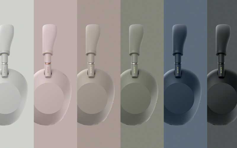 Casque audio sans fil à arceau, vu de dessus et présenté en cinq couleurs différentes.