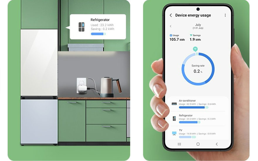 Een groene keuken met een witte koelkast en energiemeter-app op een telefoon, die het energieverbruik van apparaten toont.