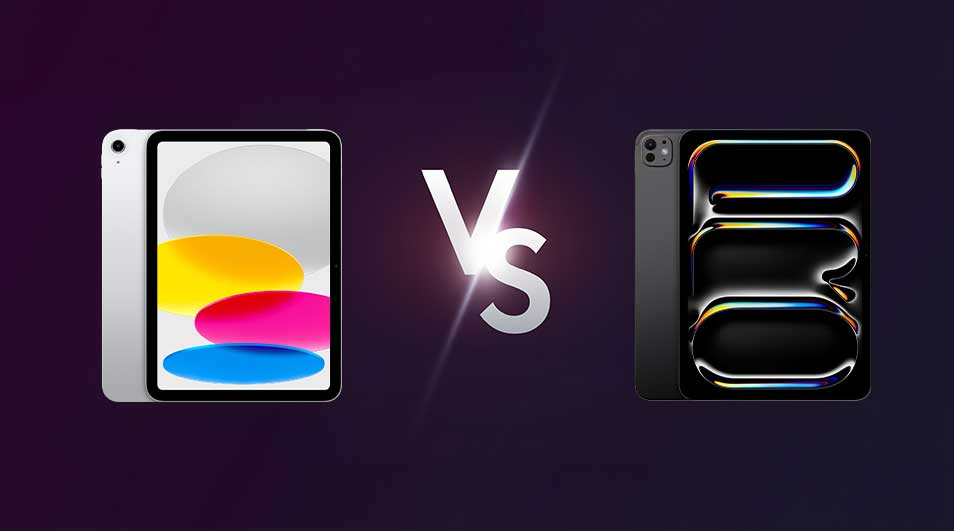 Twee iPads staan tegenover elkaar op een paarse achtergrond, gescheiden door een wit "VS"-symbool. De linker iPad is zilver, de rechter is zwart.