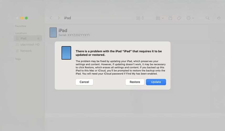 Screenshot of a message box on a computer screen. The box reads, "iPad has encountered a problem requiring an update or restore." It offers options to update, restore, or cancel.
