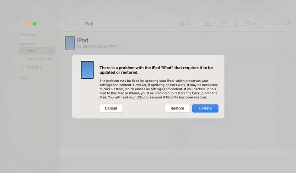Screenshot of a message box on a computer screen. The box reads, "iPad has encountered a problem requiring an update or restore." It offers options to update, restore, or cancel.