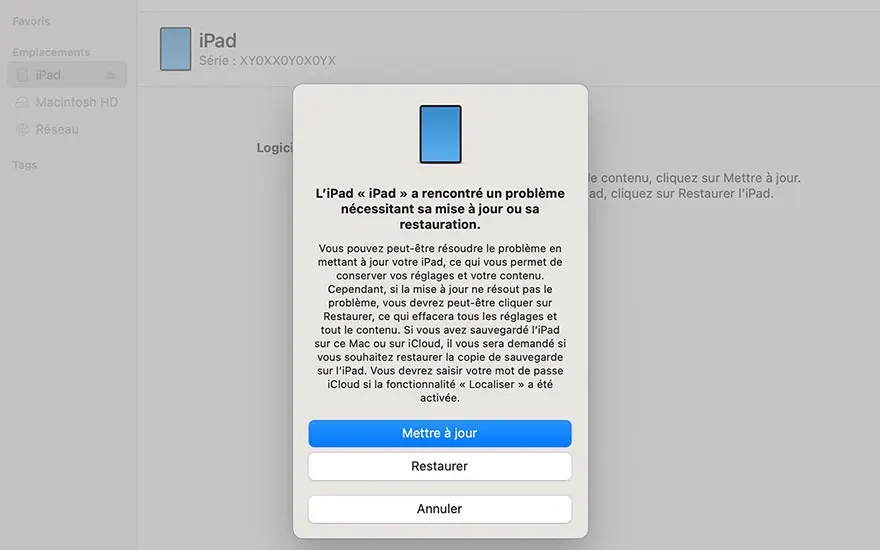 Boîte de dialogue iPad affichant une erreur nécessitant une mise à jour ou une restauration, avec des boutons "Mettre à jour", "Restaurer" et "Annuler".