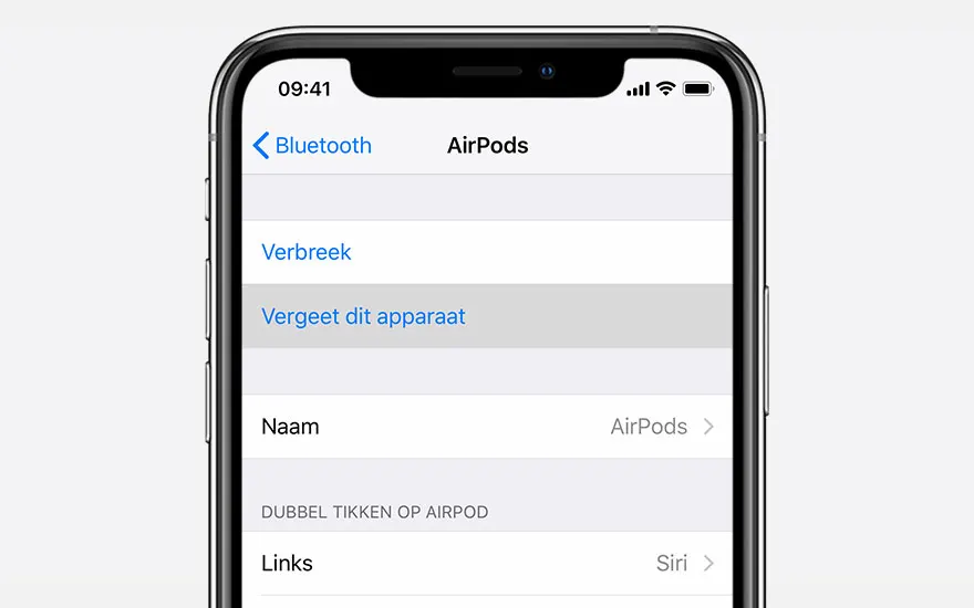 Een iPhone scherm toont Bluetooth instellingen voor AirPods met opties zoals "Verbreek" en "Vergeet dit apparaat".