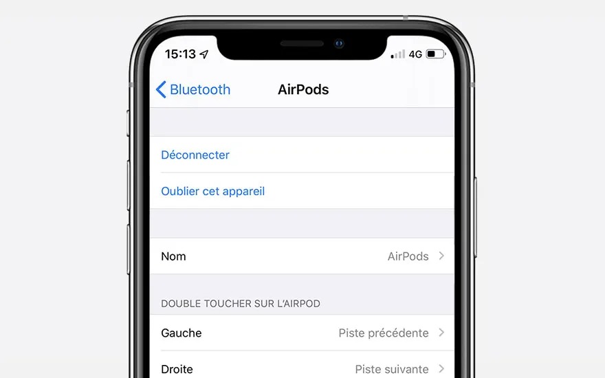 Écran de smartphone affichant les paramètres Bluetooth pour AirPods : options de déconnexion et de contrôle.