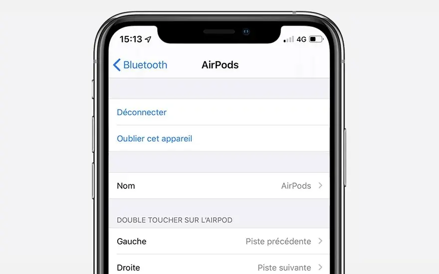 Écran de smartphone affichant les paramètres Bluetooth pour AirPods : options de déconnexion et de contrôle.