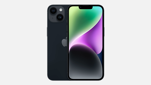 Deux iPhones sont positionnés sur un fond blanc. L'écran de l'un est vert, violet et noir. Le second est noir avec deux caméras.