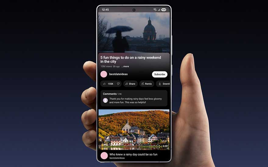 A hand holding a smartphone displaying a social media application featuring travel content about rainy weekend activities in the city.