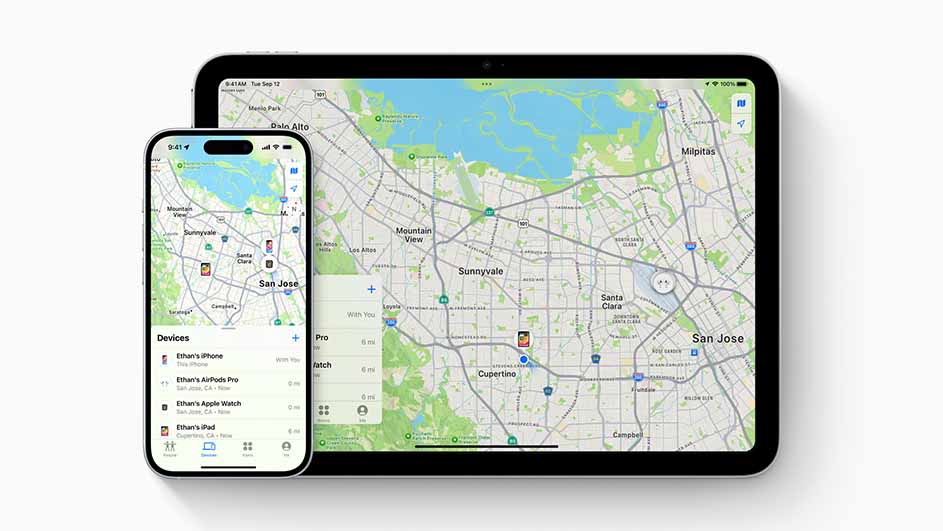 Un iPhone et une tablette affichent une carte avec des repères et des noms de villes comme San Jose et Sunnyvale sur fond blanc.