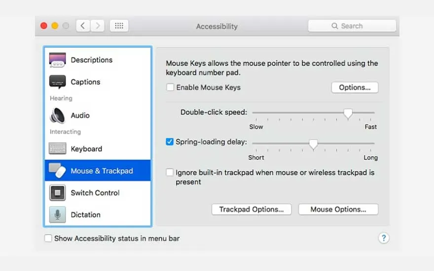 Capture d'écran des paramètres d'accessibilité Mac. Les options incluent la souris, le trackpad, la vitesse du double-clic et le délai de ressort.